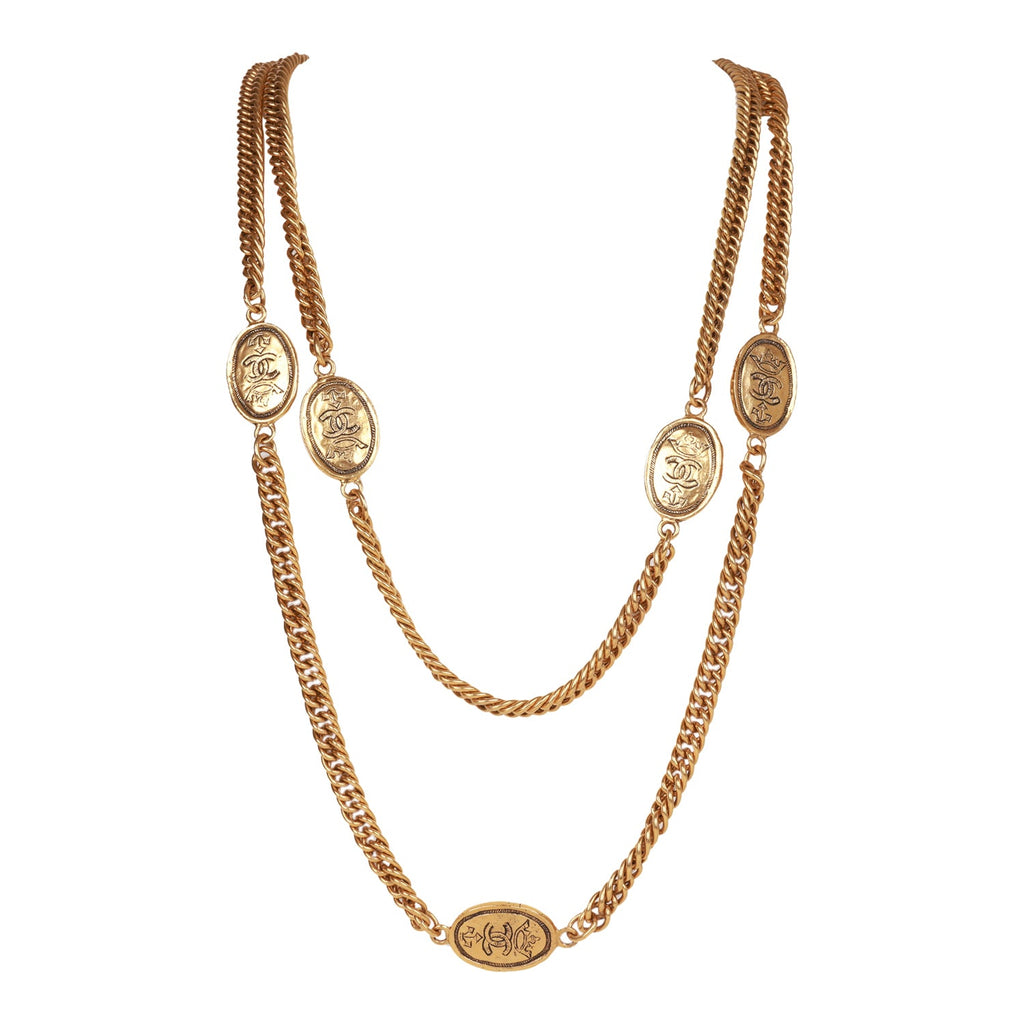 Vintage Chanel Gold Plated CC Oval Coin Charm Sautoir Necklace – Madison  Avenue Couture