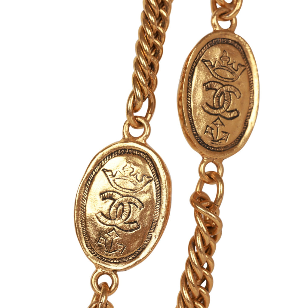 Vintage Chanel Gold Plated CC Oval Coin Charm Sautoir Necklace