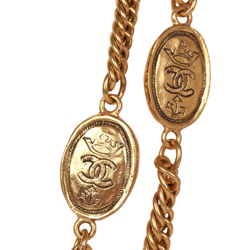 Vintage Chanel 24K Gold Plated CC Oval Coin Charm Sautoir Necklace
