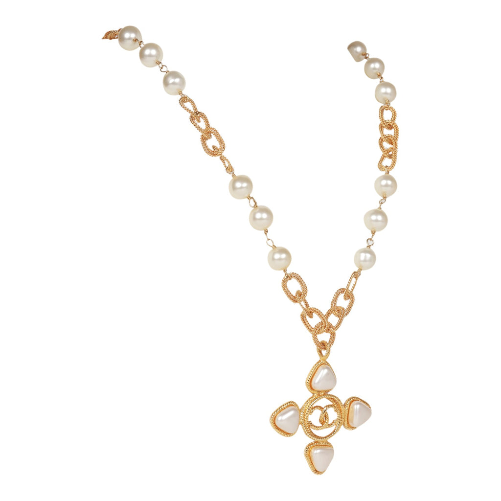 Vintage Chanel Gold Plated CC Faux Pearl Pendant Necklace