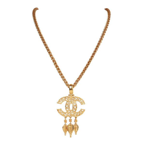 Chanel Vintage Textured CC Logo Pendant Necklace (Gold)