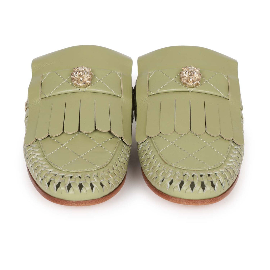 Chanel Lion Head Mules in Sage Green Fringe Leather 35 – Madison