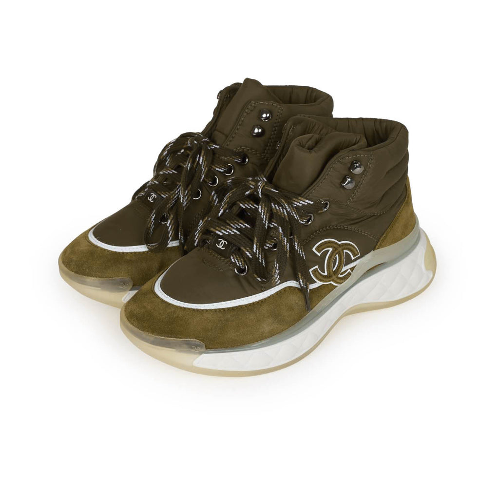 Chanel CC Hightop Winter Sneaker Olive Green Nylon and Suede 35 – Madison  Avenue Couture
