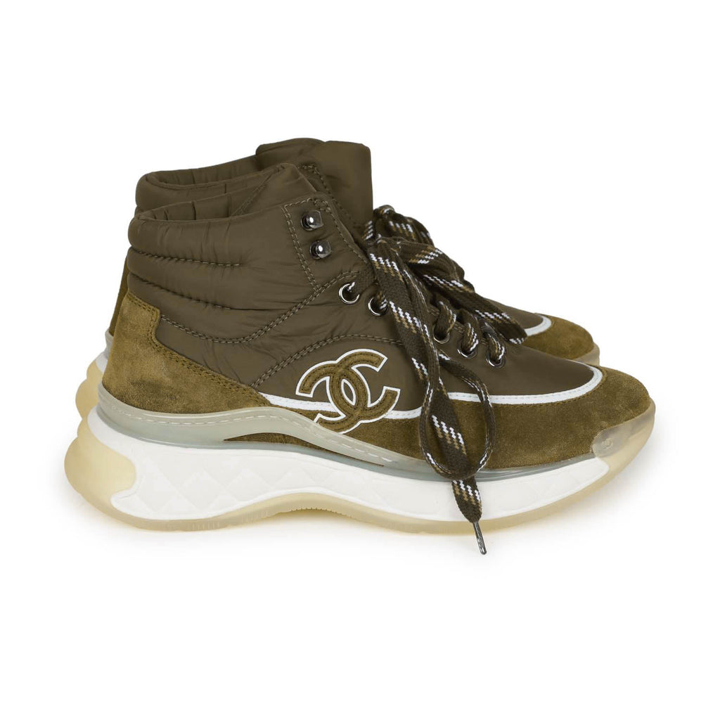 Chanel CC Hightop Winter Sneaker Olive Green Nylon and Suede 35