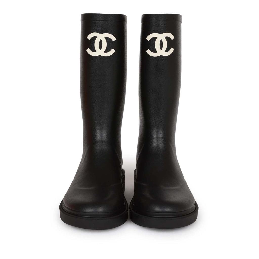 Chanel Grey/Black Rubber Logo Rain Boots Size 39 Chanel