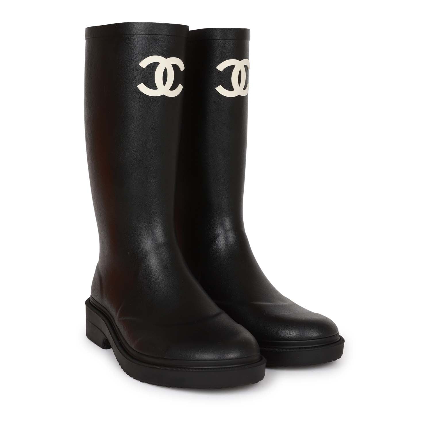 Challes Boot Chanel Black High Caoutchouc CC Boots 38