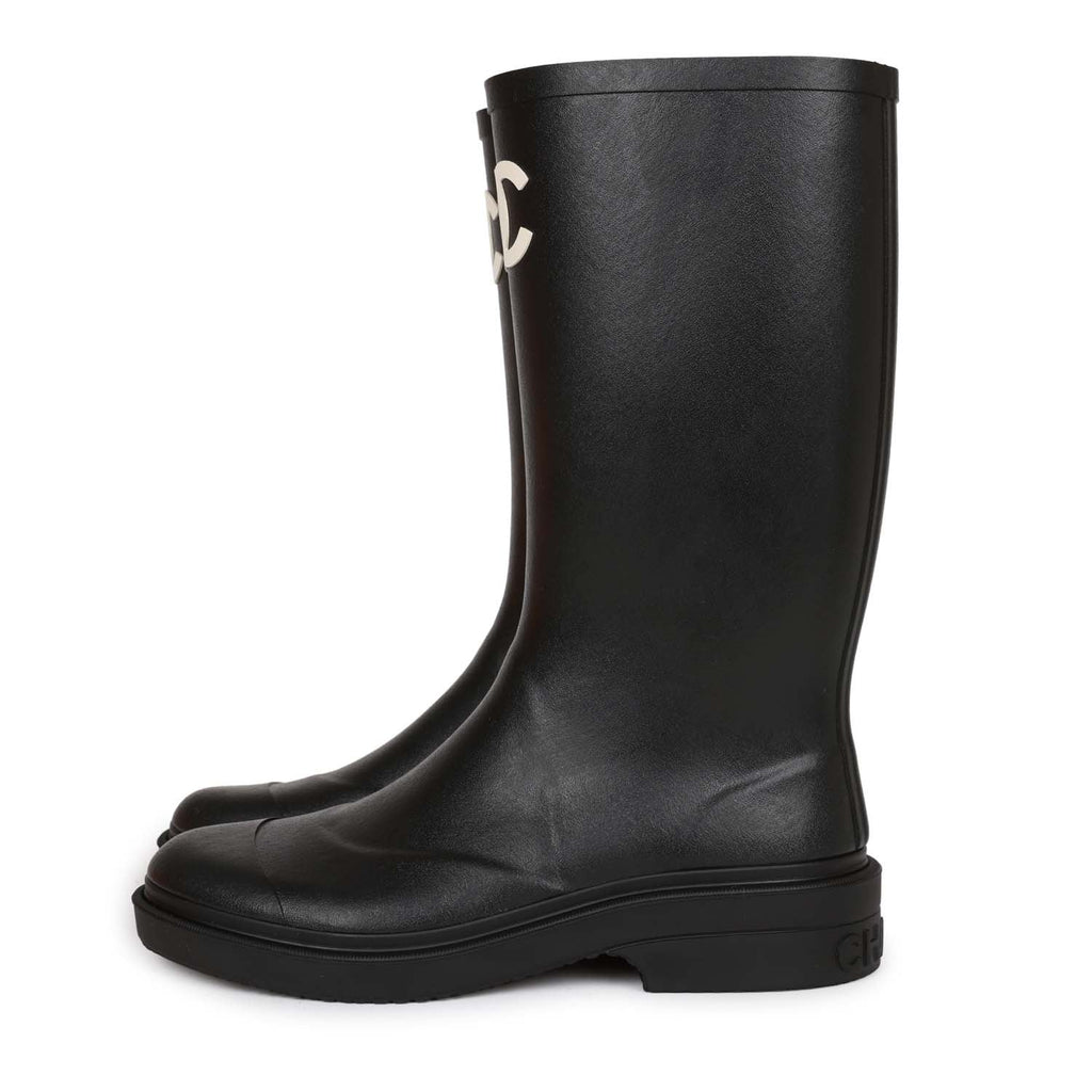 Chanel Grey/Black Rubber Logo Rain Boots Size 39 Chanel