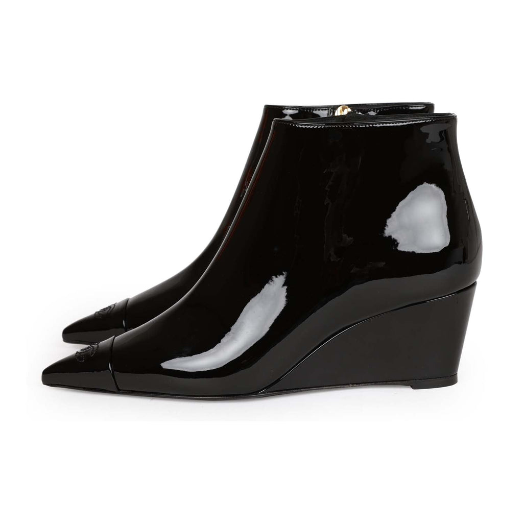 Chanel CC Wedge Ankle Boots Black Patent Leather 36.5 – Madison