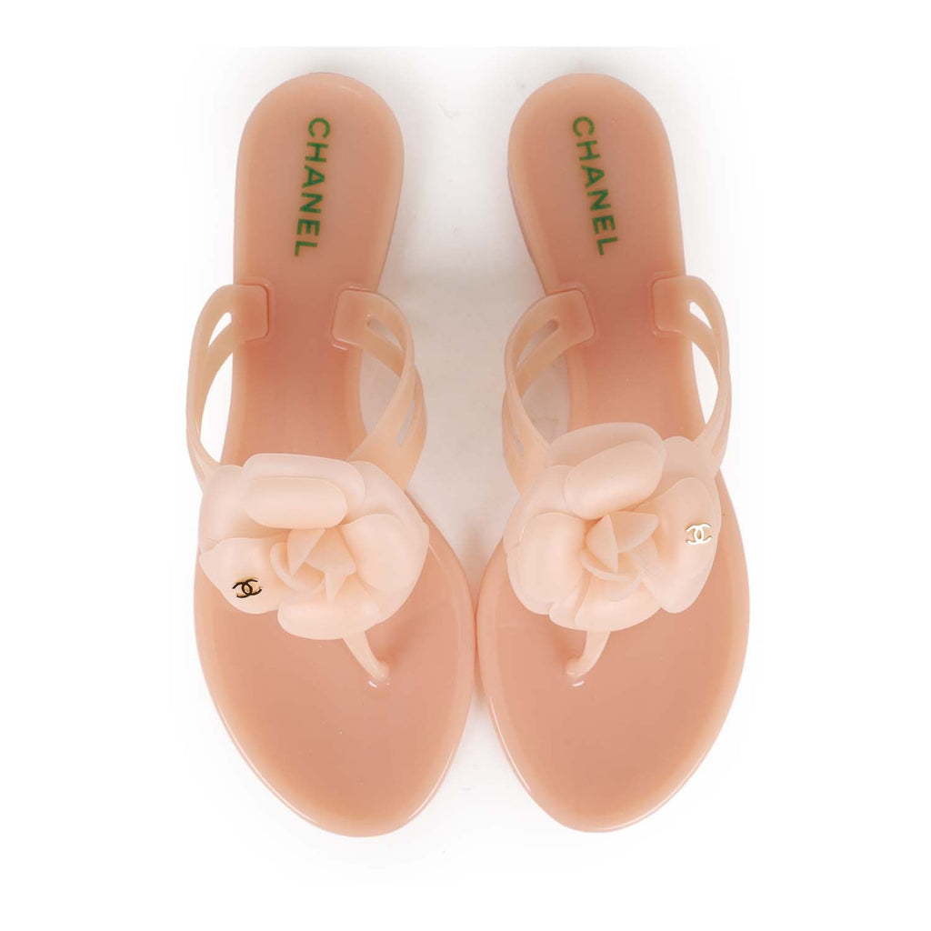 CHANEL Sandals Flat Camellia Pink CC Logo Mark Thong Suede Ladies EU39 US8