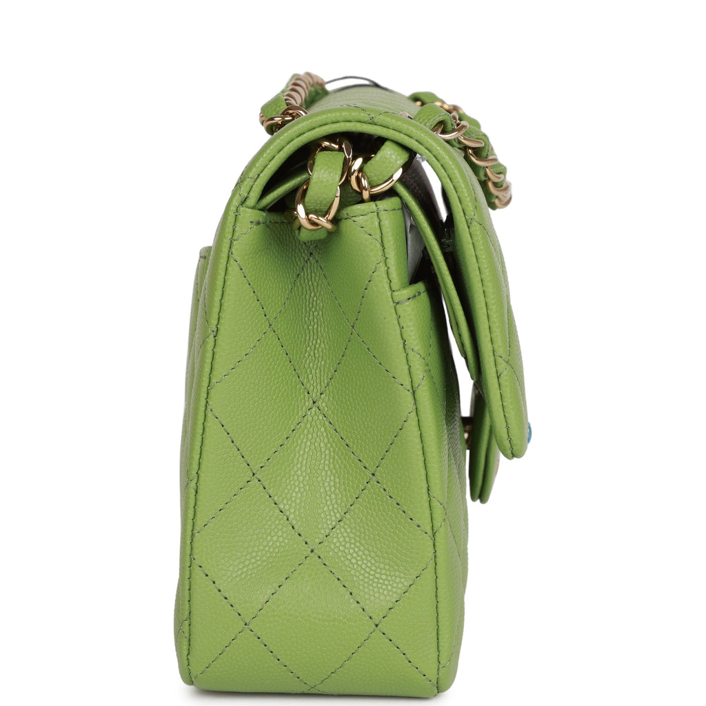 Chanel Medium Classic Double Flap Bag Green Caviar Light Gold Hardware