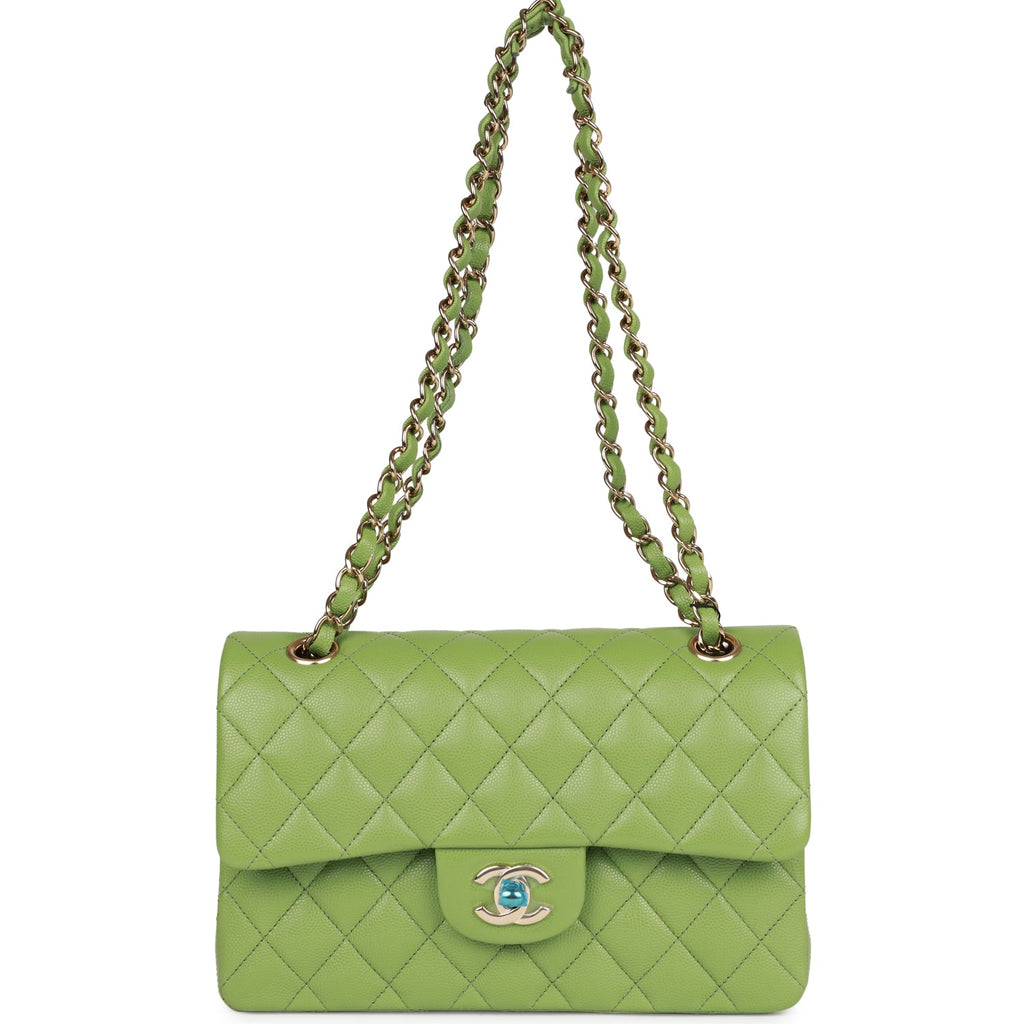 Emerald green small Chanel flap bag caviar leather