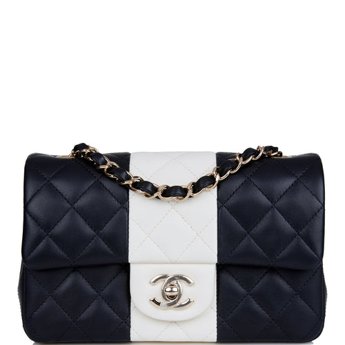 Chanel Mini Rectangular Flap Bag Black and White Lambskin Light Gold Hardware