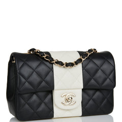 Chanel Mini Rectangular Flap Bag Black and White Lambskin Light Gold Hardware