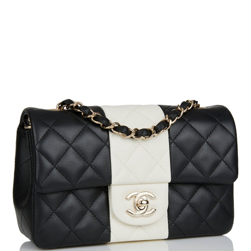 Chanel Mini Rectangular Flap Bag Black and White Lambskin Light Gold Hardware