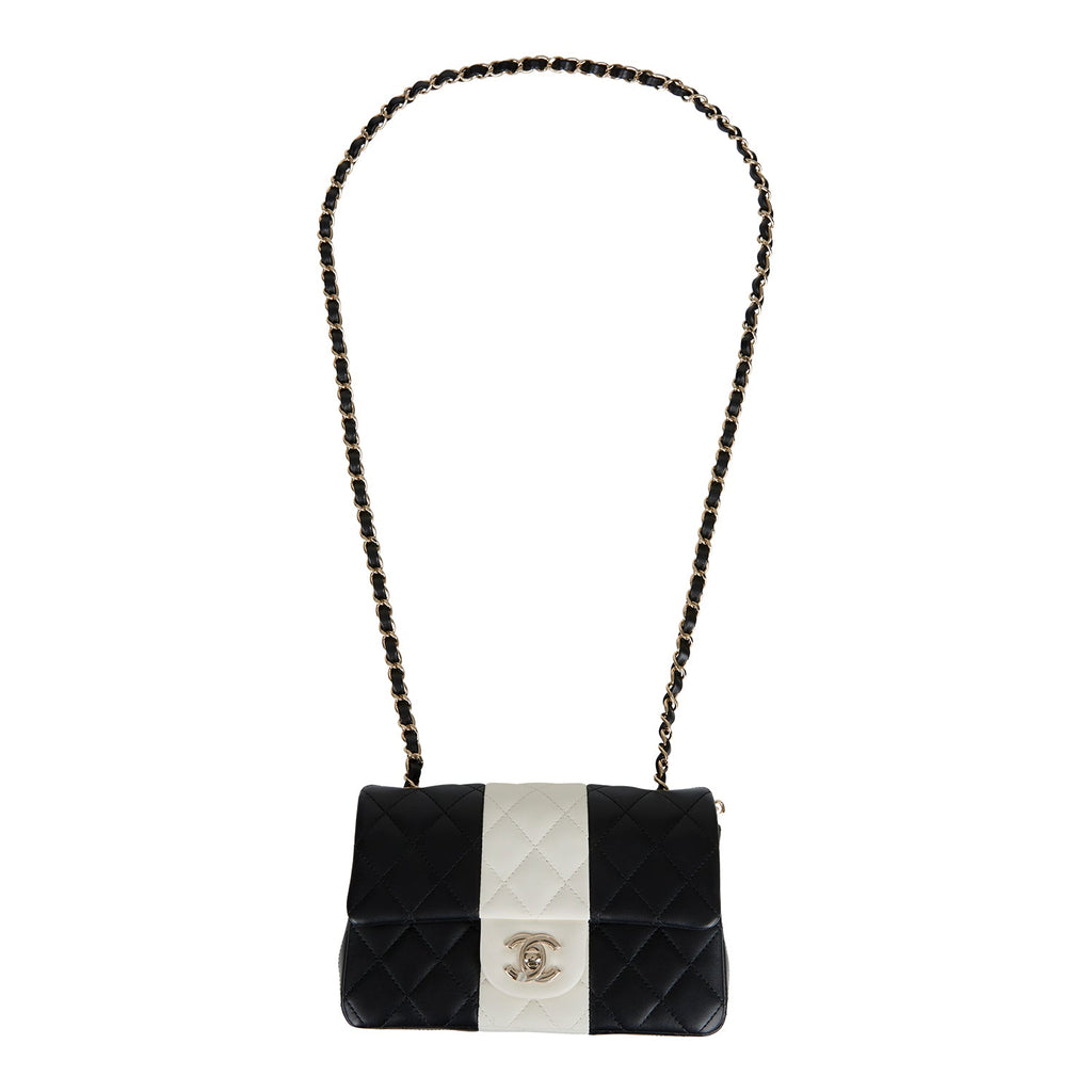Chanel Mini Rectangular Flap Bag Black and White Lambskin Light Gold Hardware