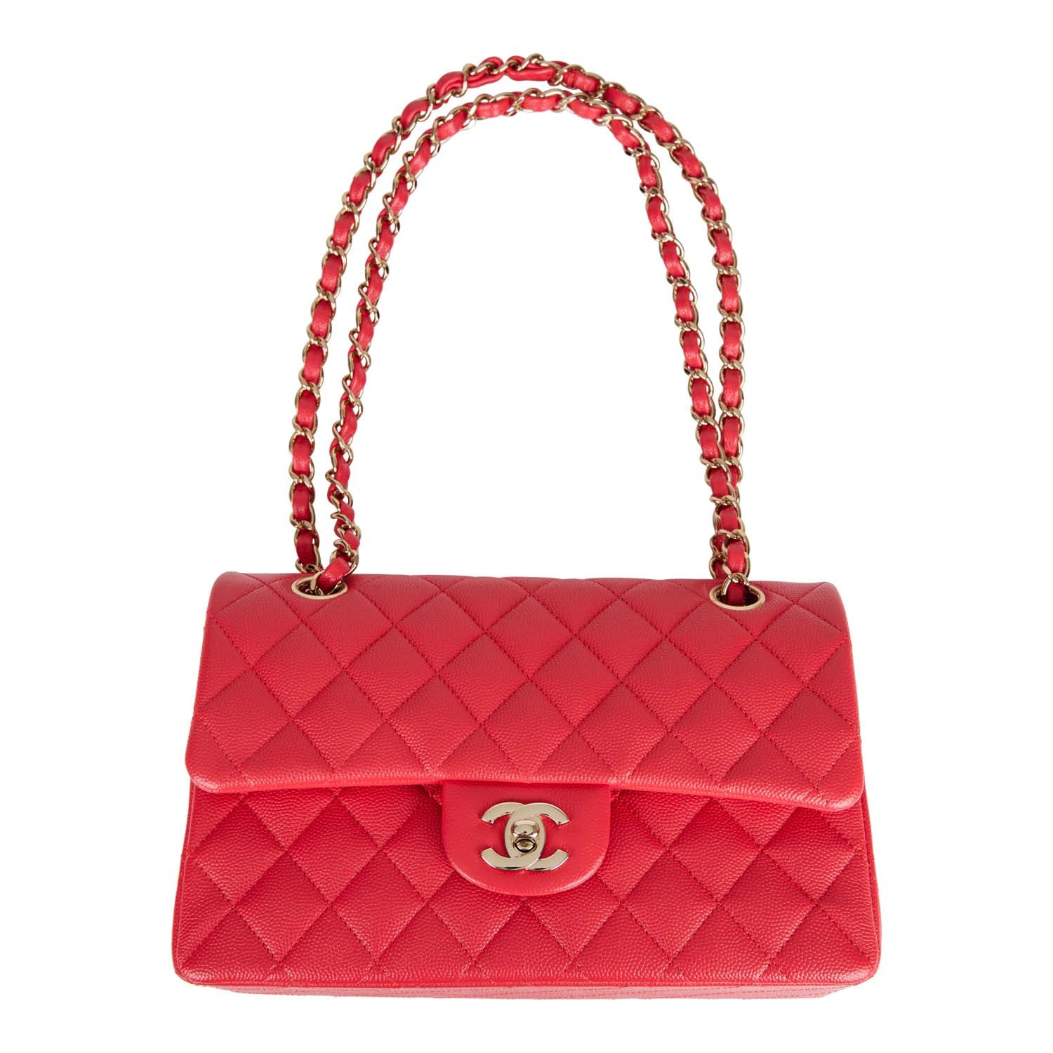 Chanel Red Caviar Small Classic Double Flap Bag Light Gold Hardware ...