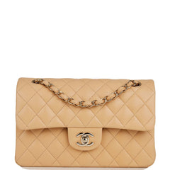 Chanel Small Classic Double Flap Beige Quilted Lambskin Light Gold Hardware