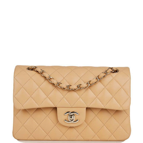 Chanel Small Classic Double Flap Beige Quilted Lambskin Light Gold Hardware
