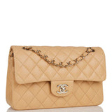 Chanel Small Classic Double Flap Beige Quilted Lambskin Light Gold Hardware