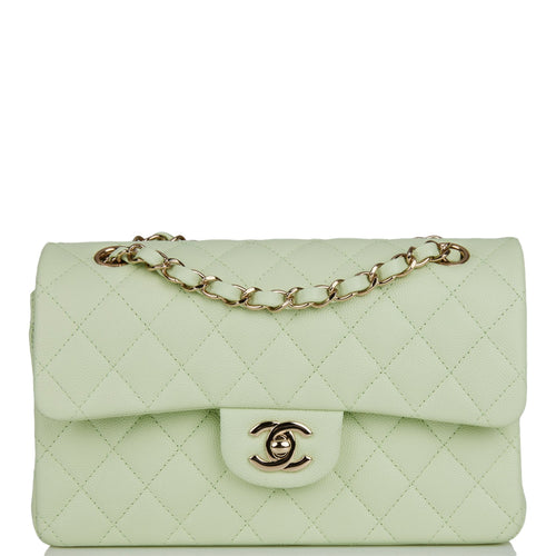 Chanel Small Classic Double Flap Light Green Caviar Light Gold Hardware