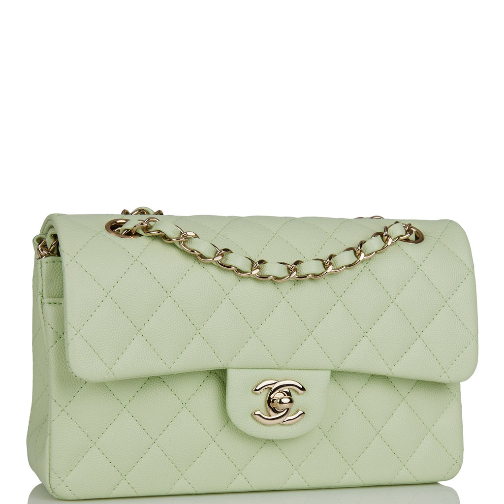 Chanel Small Classic Double Flap Light Green Caviar Light Gold Hardware