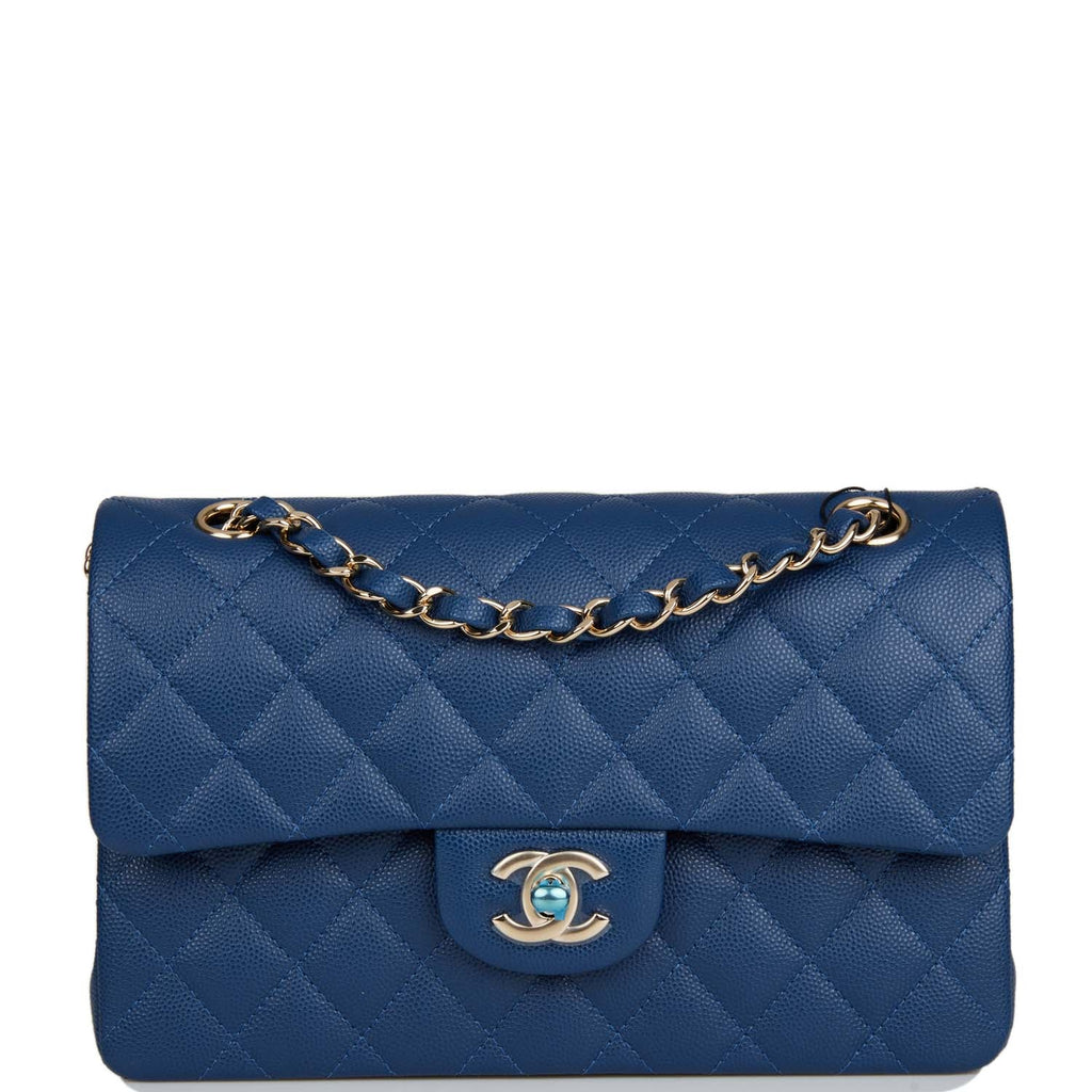 Chanel Small Classic Double Flap Dark Blue Caviar Light Gold Hardware –  Madison Avenue Couture