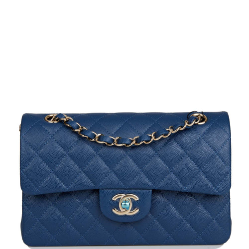 Chanel Small Classic Double Flap Dark Blue Caviar Light Gold Hardware