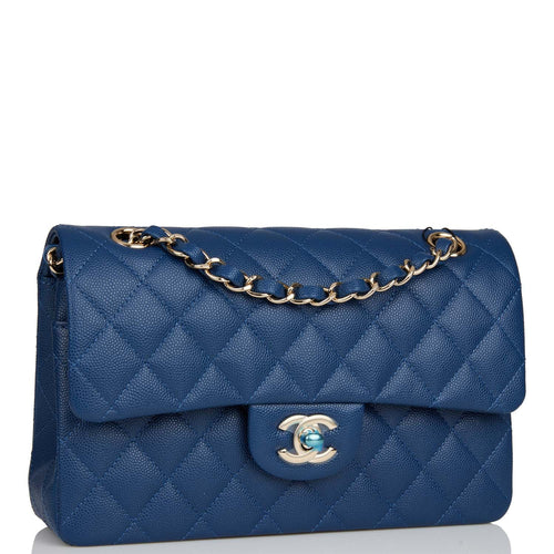 Chanel Small Classic Double Flap Dark Blue Caviar Light Gold Hardware