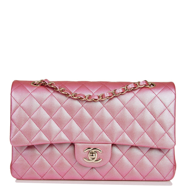 Chanel Rose Iridescent Caviar Medium Classic Double Flap Light Gold