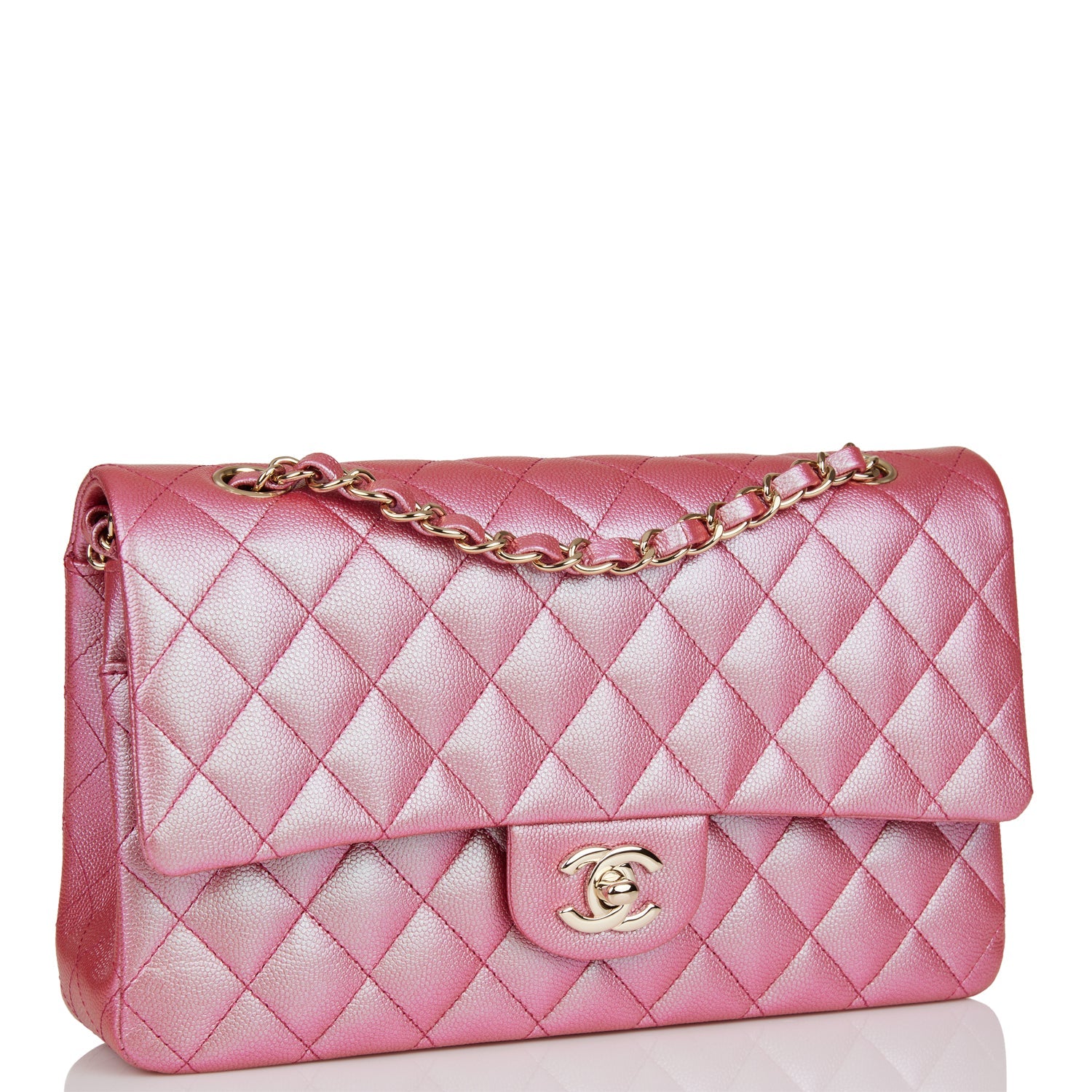 Chanel Rose Iridescent Caviar Medium Classic Double Flap Light Gold ...