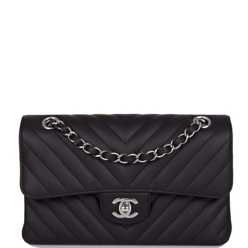Chanel Small Chevron Classic Double Flap Black Calfskin Silver Hardware