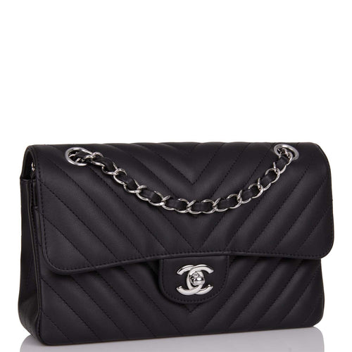 Chanel Small Chevron Classic Double Flap Black Calfskin Silver Hardware