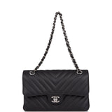 Chanel Black Chevron Calfskin Small Classic Double Flap Silver Hardware –  Madison Avenue Couture