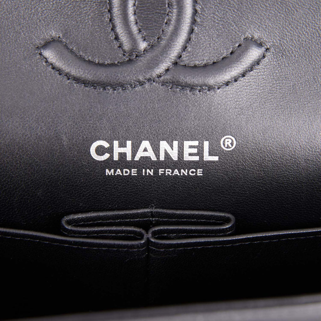 Chanel Small Chevron Classic Double Flap Black Calfskin Silver Hardware Black Madison Avenue Couture