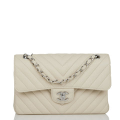Chanel Ecru Chevron Calfskin Small Classic Double Flap Silver Hardware – Madison  Avenue Couture