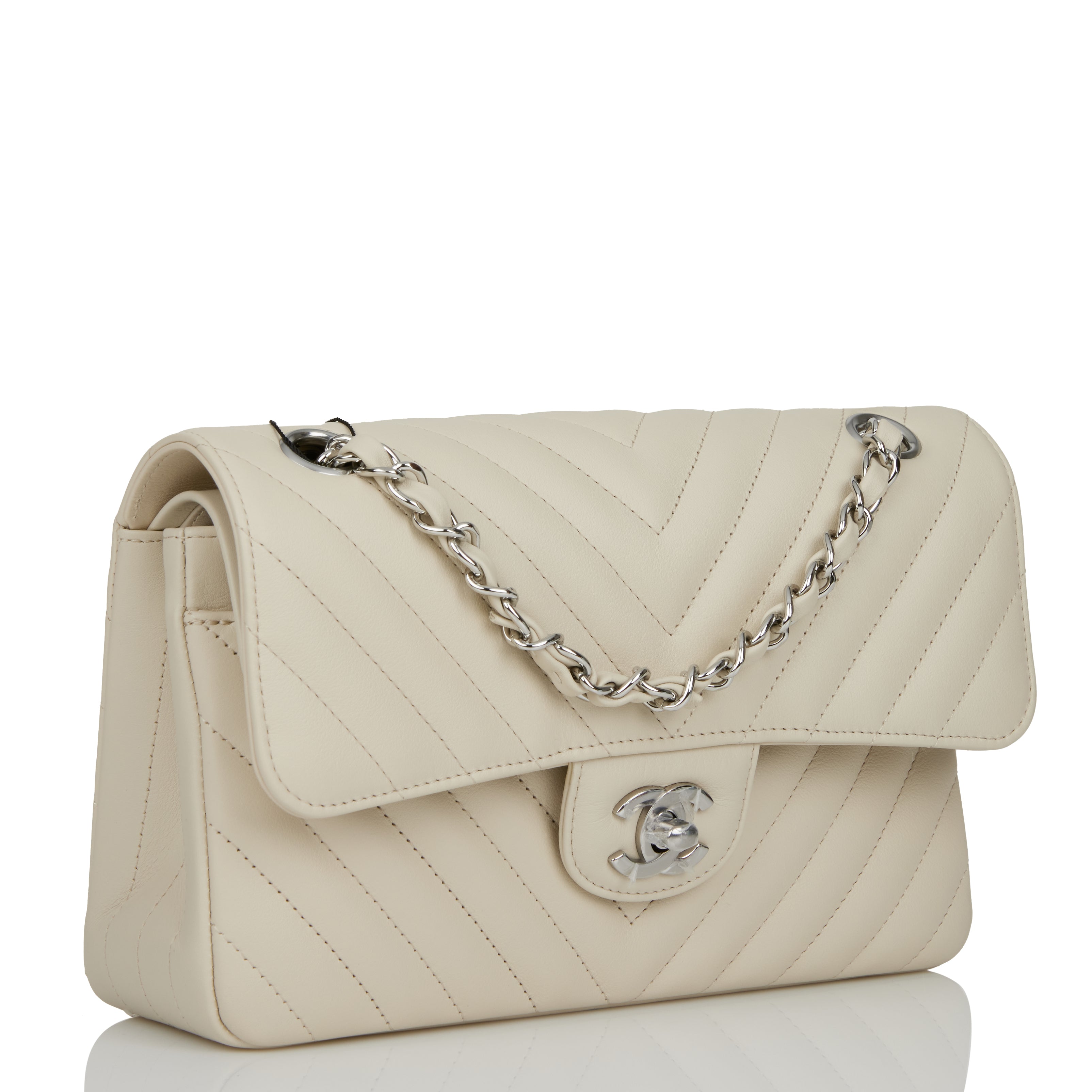 Chanel Ecru Chevron Calfskin Small Classic Double Flap Silver Hardware ...