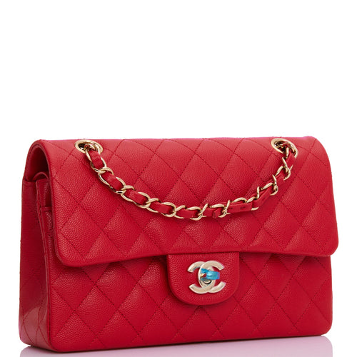 Chanel Small Classic Double Flap Red Caviar Light Gold Hardware