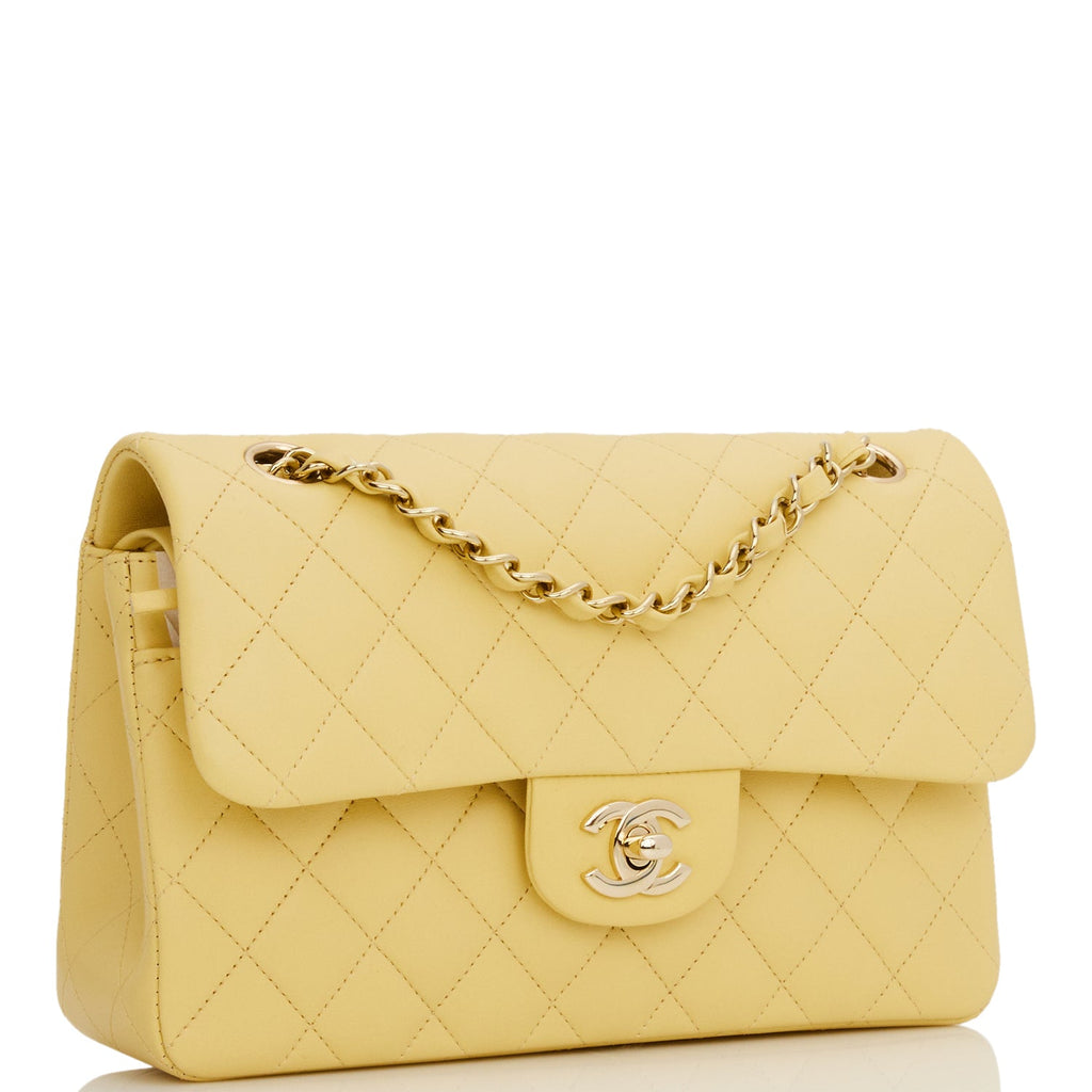 Clutch with chain - Lambskin, light brown & yellow — Fashion