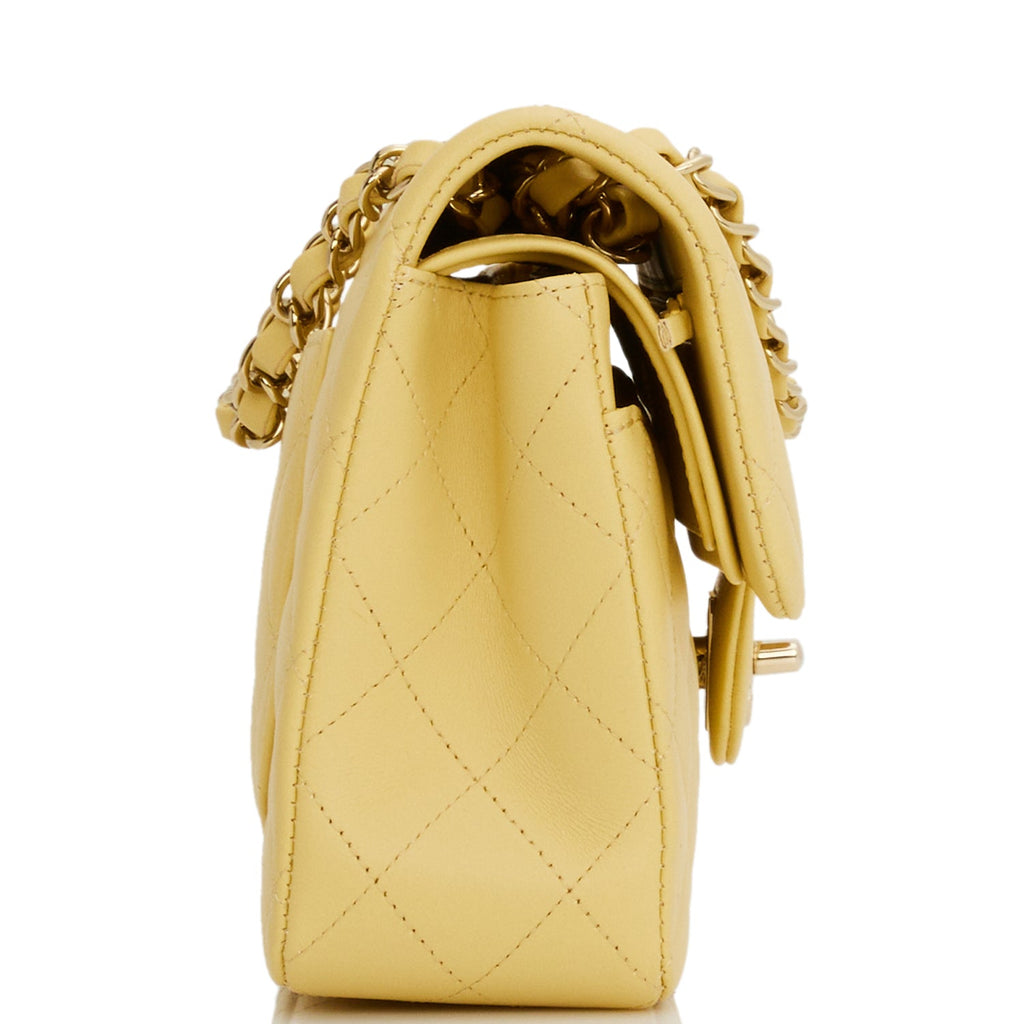 Chanel Yellow Lambskin Small Classic Double Flap Light Gold
