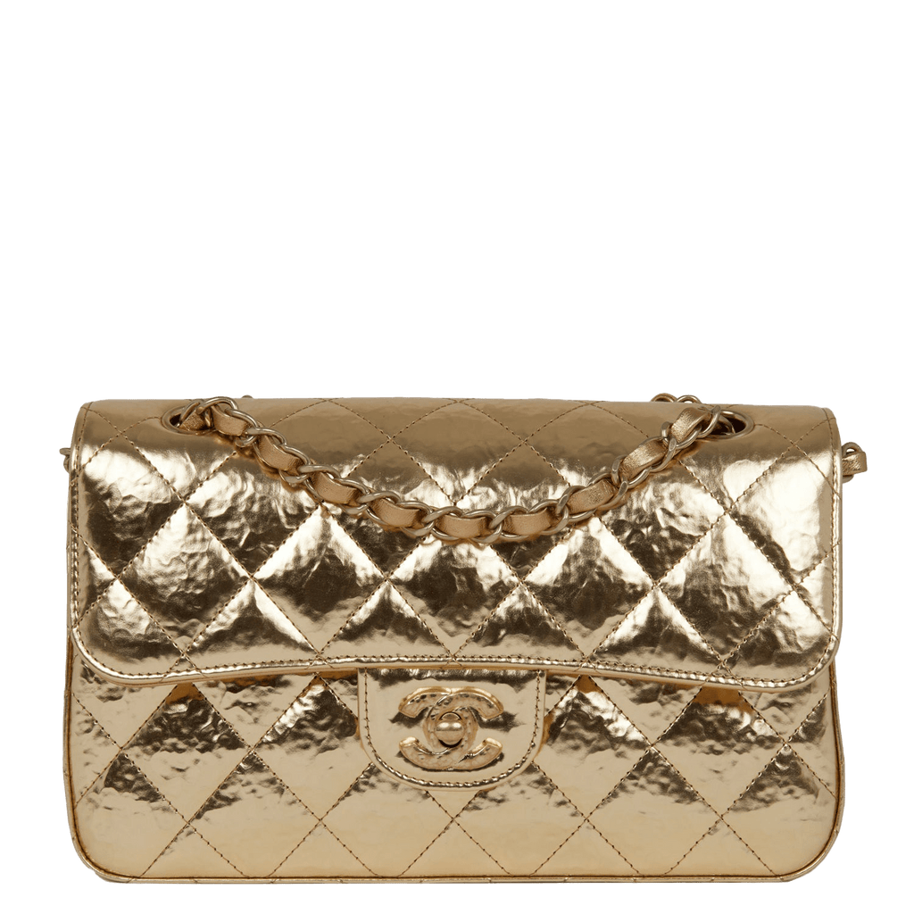 Small classic handbag, Grained shiny calfskin & gold-tone metal
