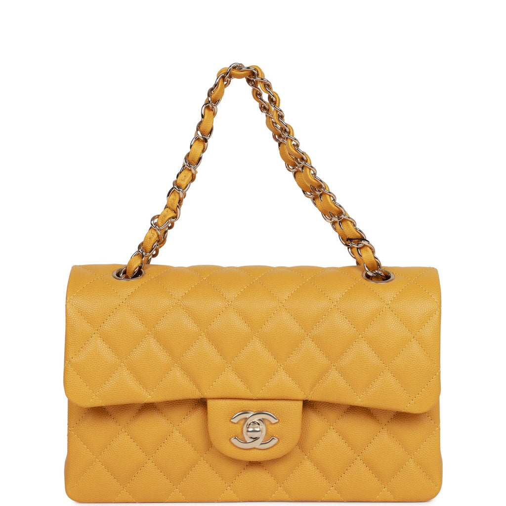 CHANEL Small Classic Double Flap Bag Light Yellow Caviar - Bellisa
