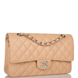 Chanel Beige Quilted Caviar Medium Classic Double Flap Bag Silver Hardware
