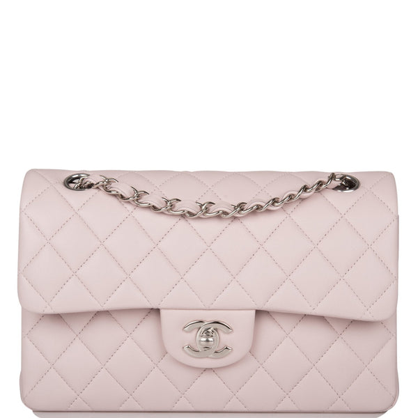Chanel Iridescent Pink Quilted Lambskin Medium Classic Double Flap Silver Hardware, 2021 (Like New), Womens Handbag