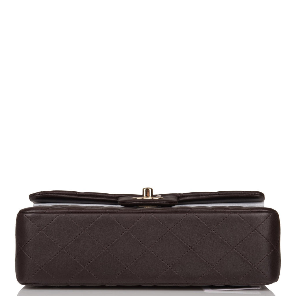 Small flap bag, Lambskin & gold-tone metal, dark brown — Fashion