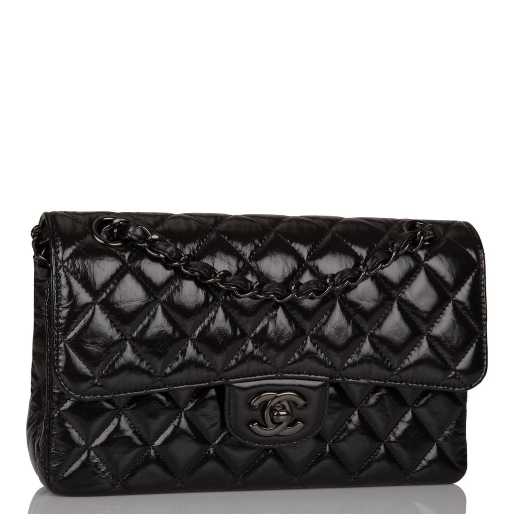 CHANEL Shiny Crumpled Calfskin Quilted Medium Chanel 19 Flap Black 682083