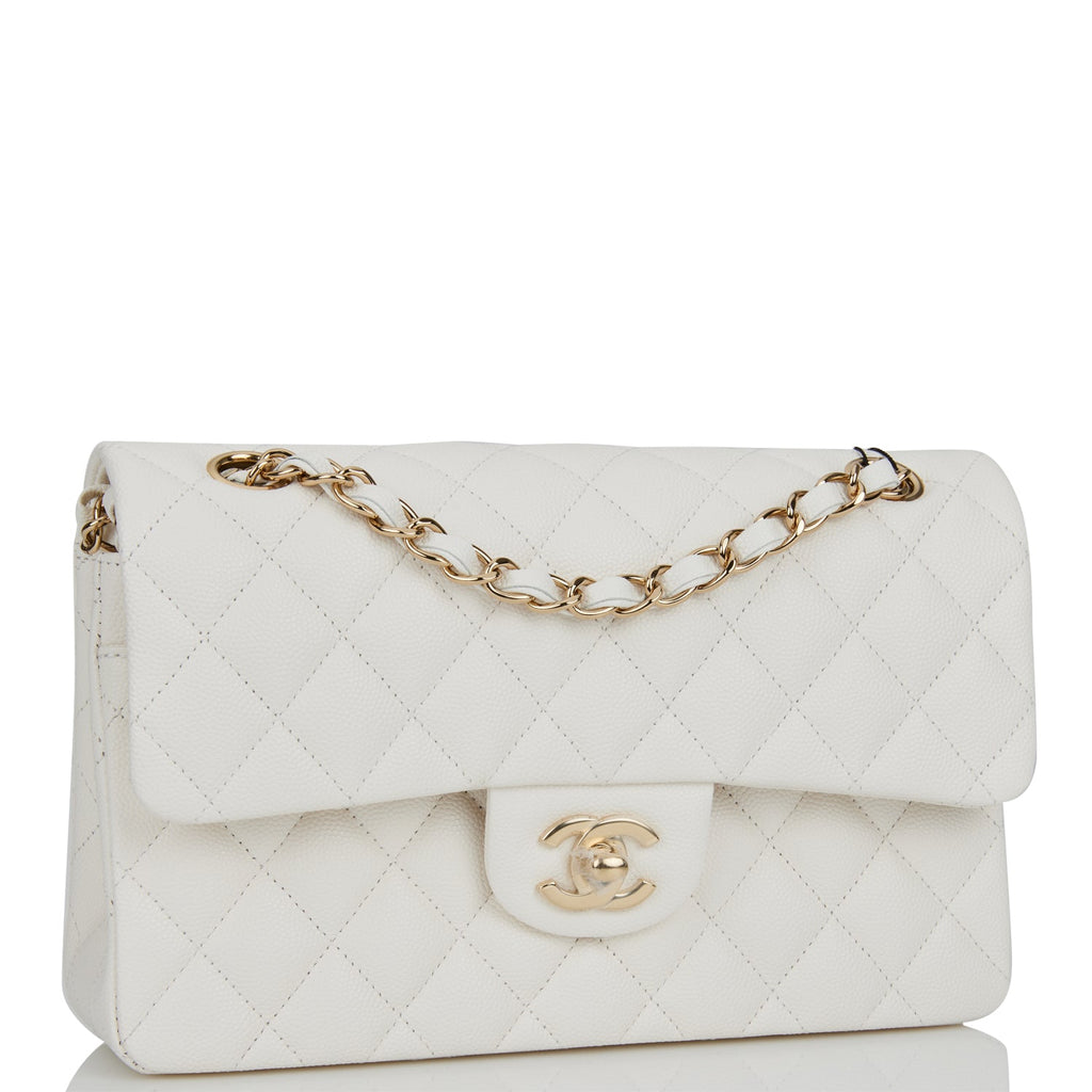 Chanel CC Adjustable Strap Flap Messenger Bag Quilted Caviar Small White