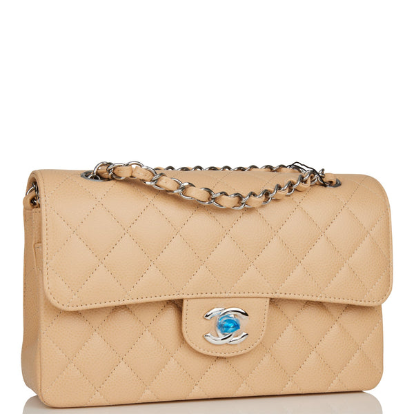 Beige Clair Quilted Caviar Small Classic Double Flap Gold Hardware, 2021