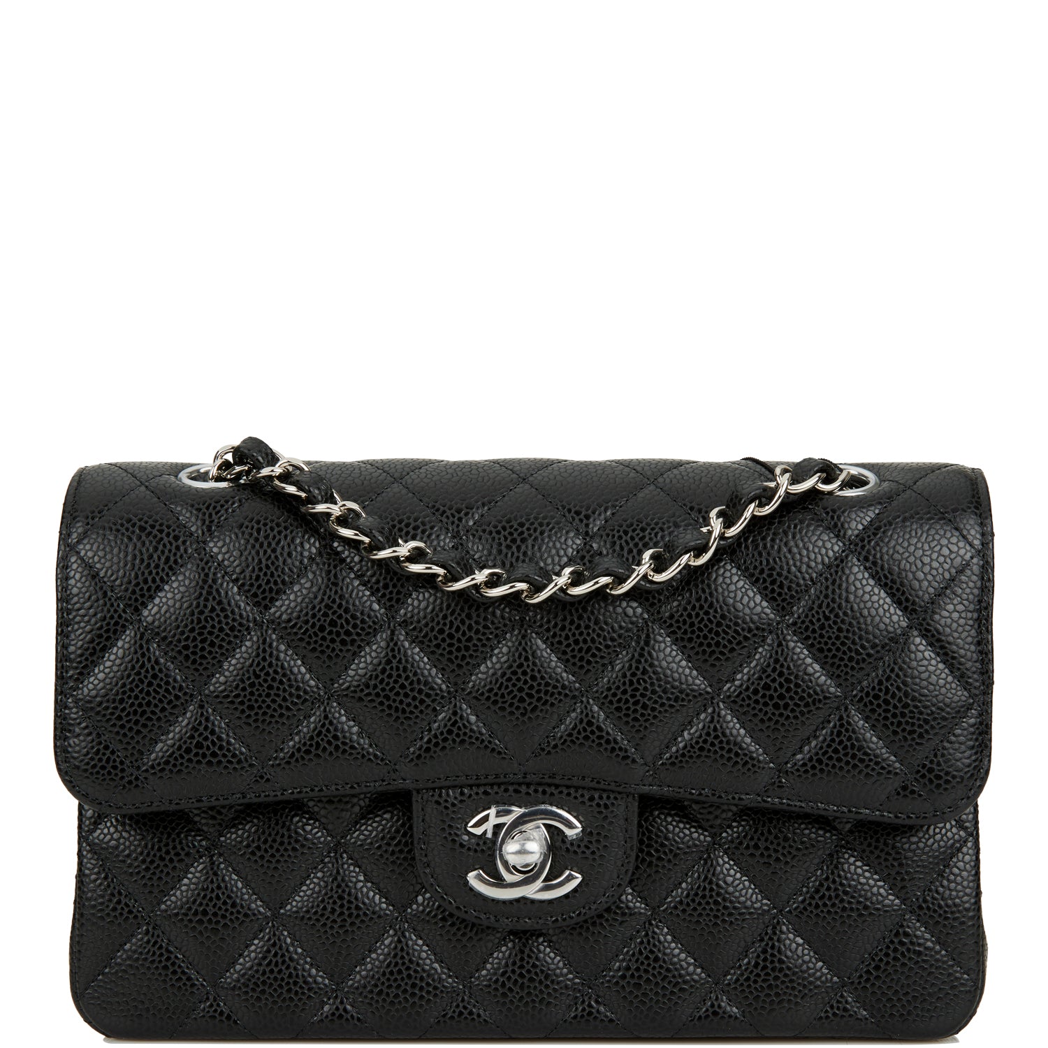 Chanel Black Quilted Caviar Small Classic Double Flap Bag Silver ...