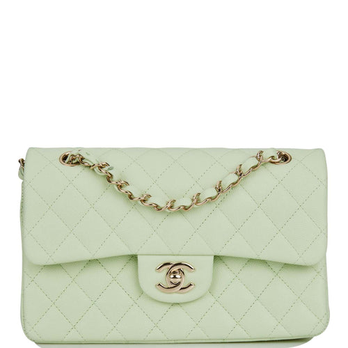 Chanel Small Classic Double Flap Light Green Caviar Light Gold Hardware