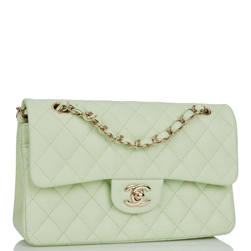 Chanel Small Classic Double Flap Light Green Caviar Light Gold Hardware